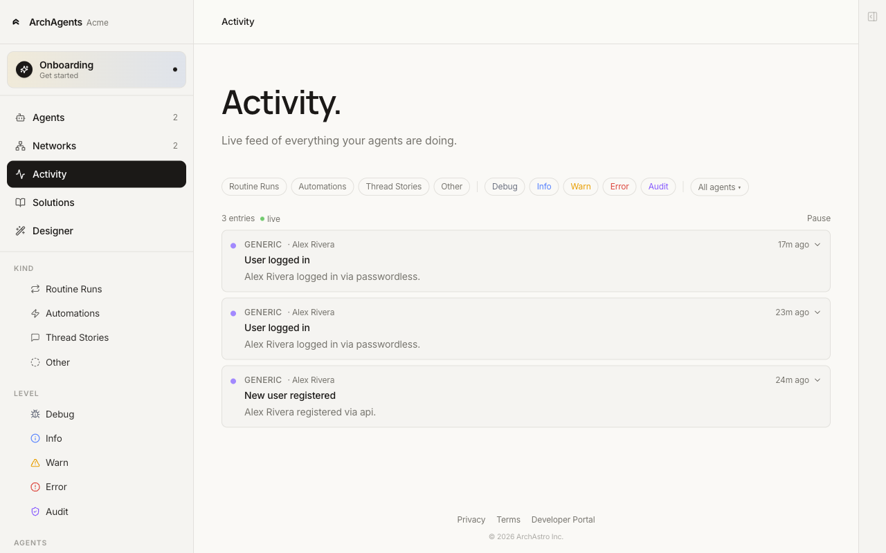 Activity feed page with filter chips for Routine Runs, Automations, Thread Stories, Other, Debug, Info, Warn, Error, Audit, and All agents