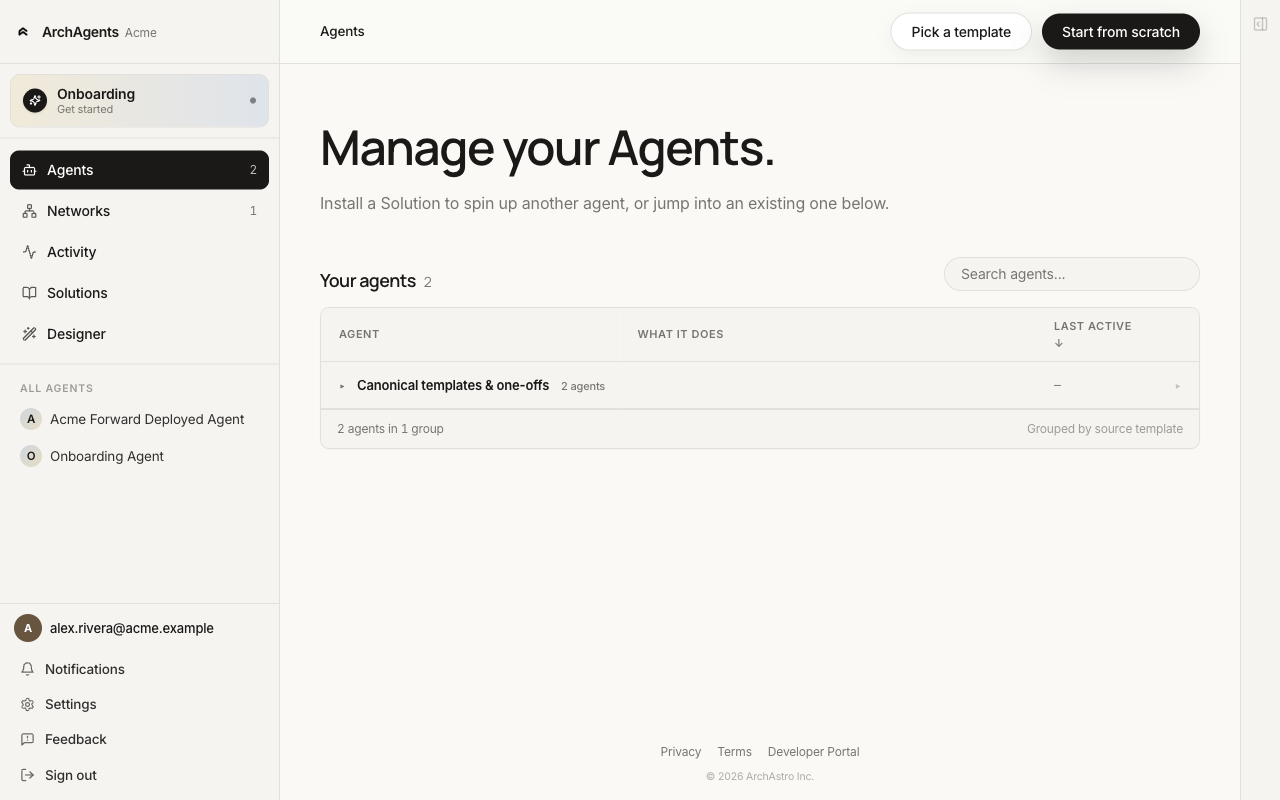 Agents list page showing agents grouped by source template, with Pick a template and Start from scratch buttons