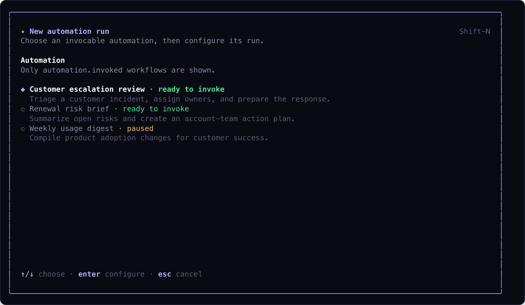 Astrorun automation picker with Customer escalation review selected and two other available automations