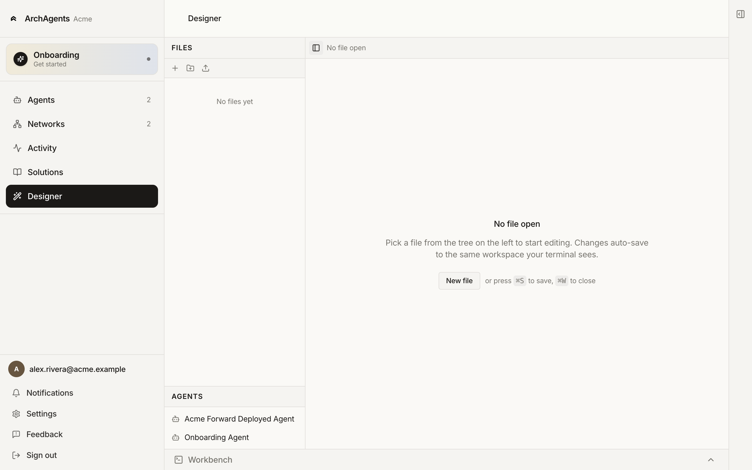 Designer home screen showing the file tree, agents list, and an empty editor canvas with the prompt to pick a file