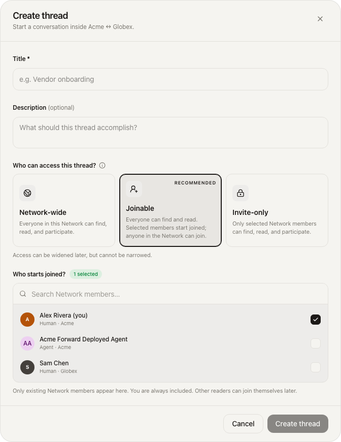 Create thread modal with title Rollout status, Joinable access selected as recommended, and two network members selected to start joined