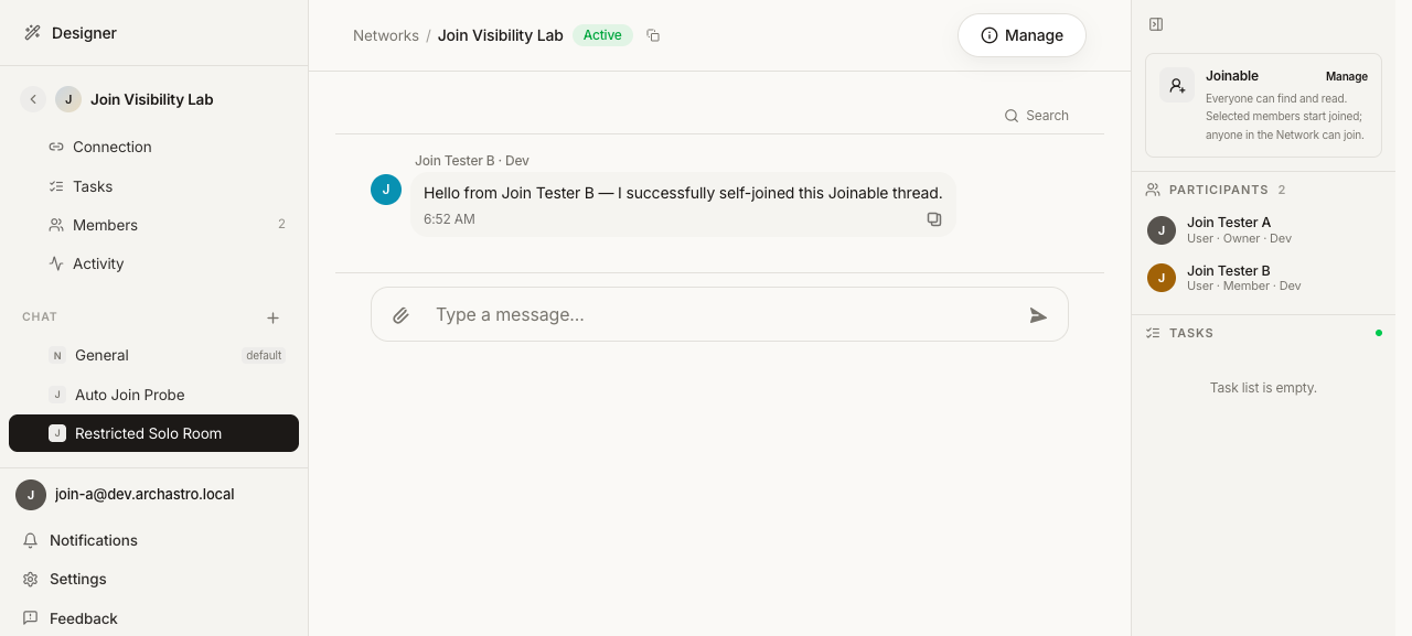 Network chat with Joinable threads in the rail, message history, and inspector showing Joinable access plus two participants