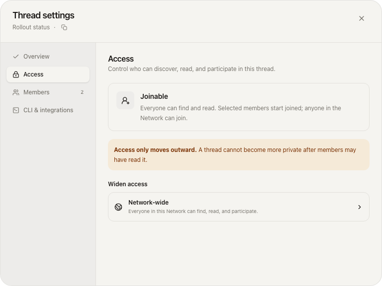 Thread settings Access tab showing current Joinable access, the one-way access warning, and a Widen access option to Network-wide