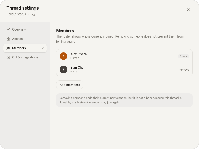 Thread settings Members tab listing an owner and a removable participant, with Joinable note that removal is not a ban