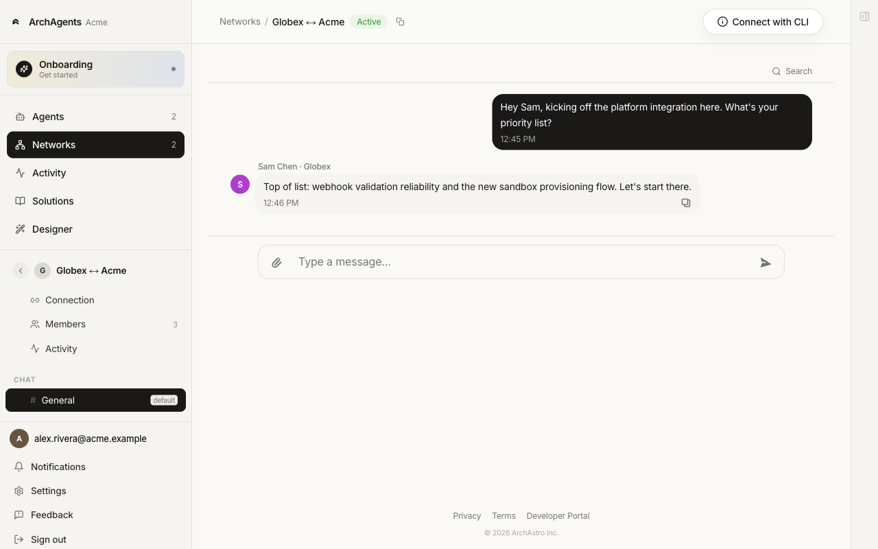 The General thread in the Acme ↔ Globex network with messages from Alex Rivera on one side and Sam Chen on the other