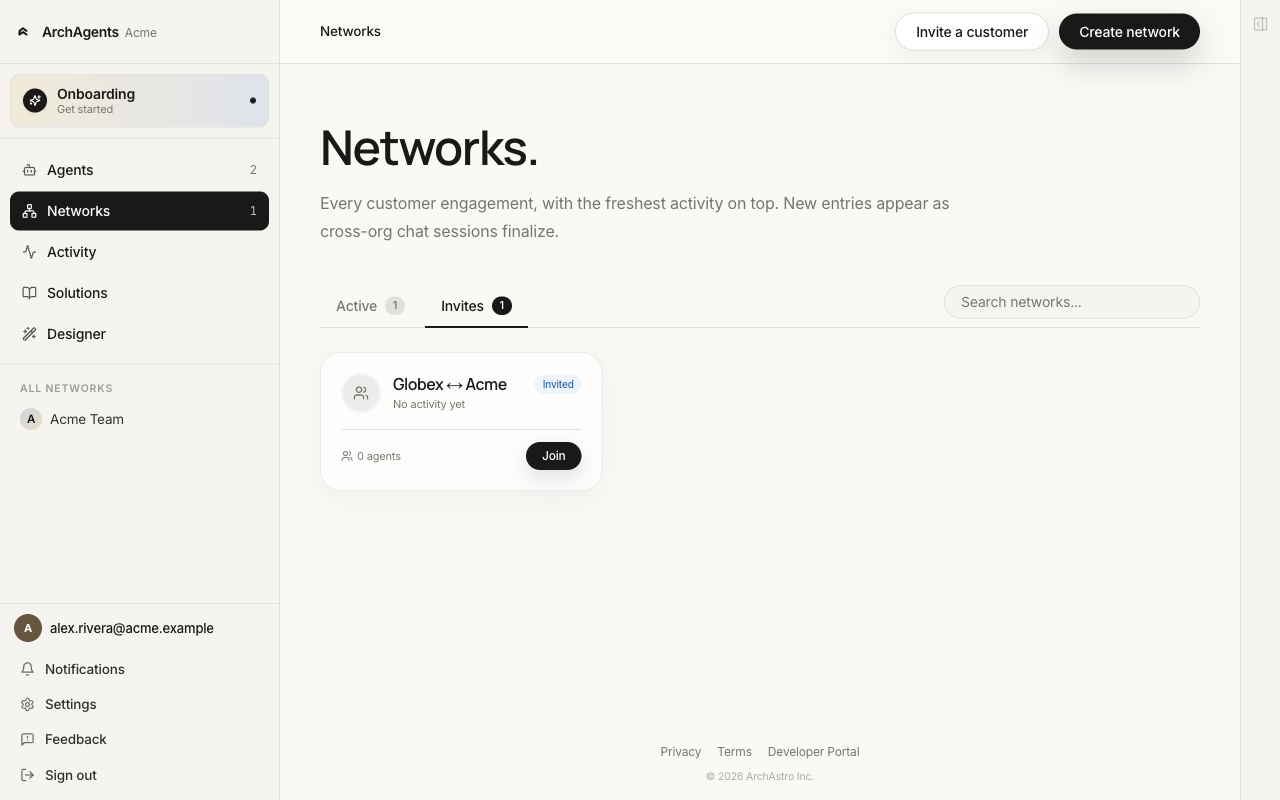 Networks list filtered to the Invites tab, showing one pending Globex ↔ Acme invite with a Join button