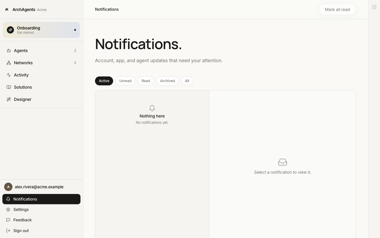 Notifications page with filter chips for Active, Unread, Read, Archived, All, and a two-pane layout showing the inbox list and a detail panel