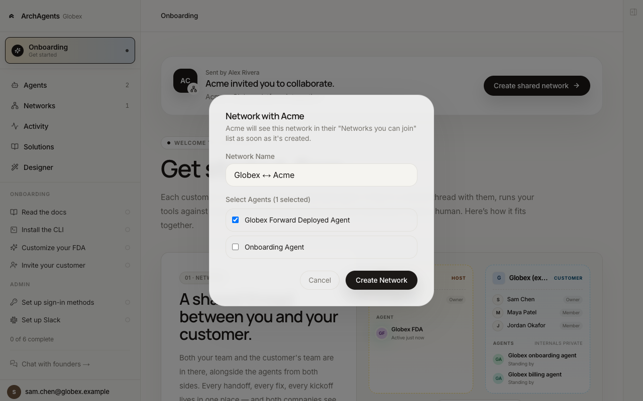 Create shared network modal with a pre-filled name and a list of selectable agents from the customer's org
