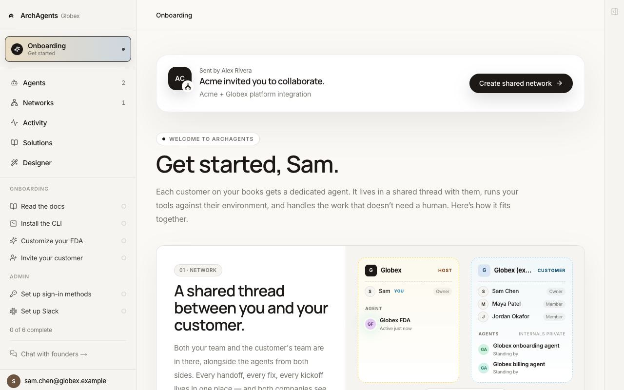 Customer side of the invite: a banner saying Acme invited you to collaborate with a Create shared network button