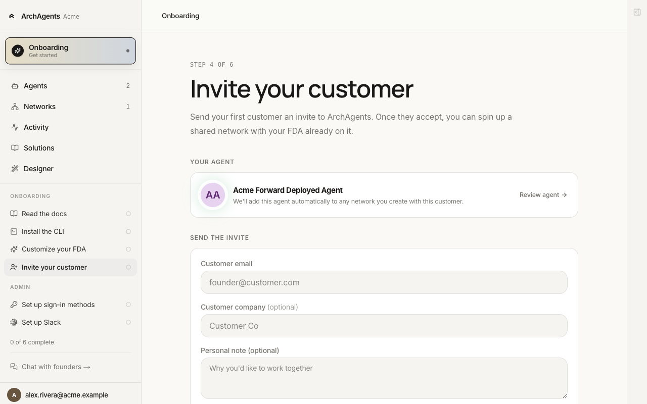Onboarding Step 4: Invite your customer. Form with customer email, company name, and optional personal note