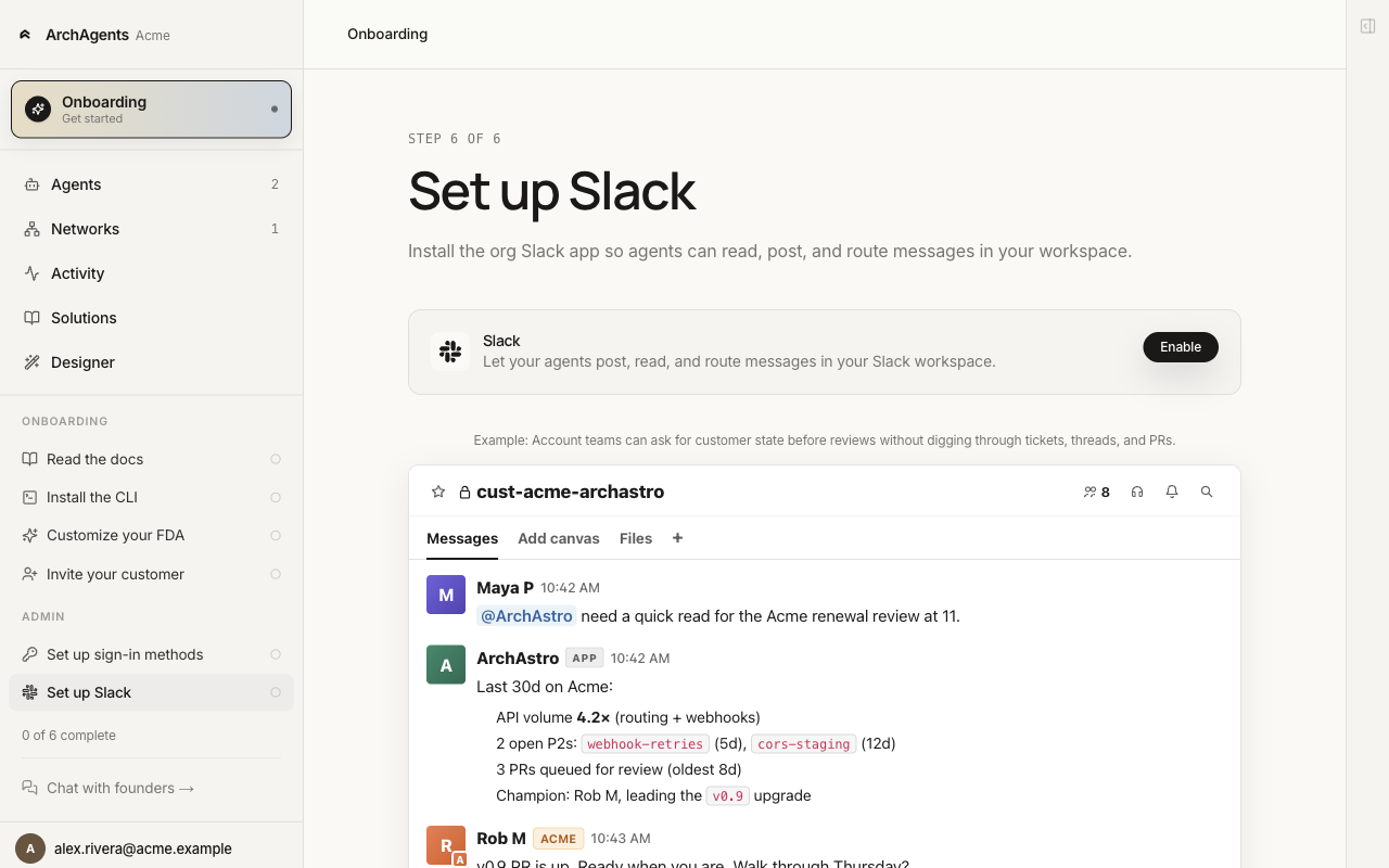 ArchAgents Slack setup page with the Enable button and an example agent conversation