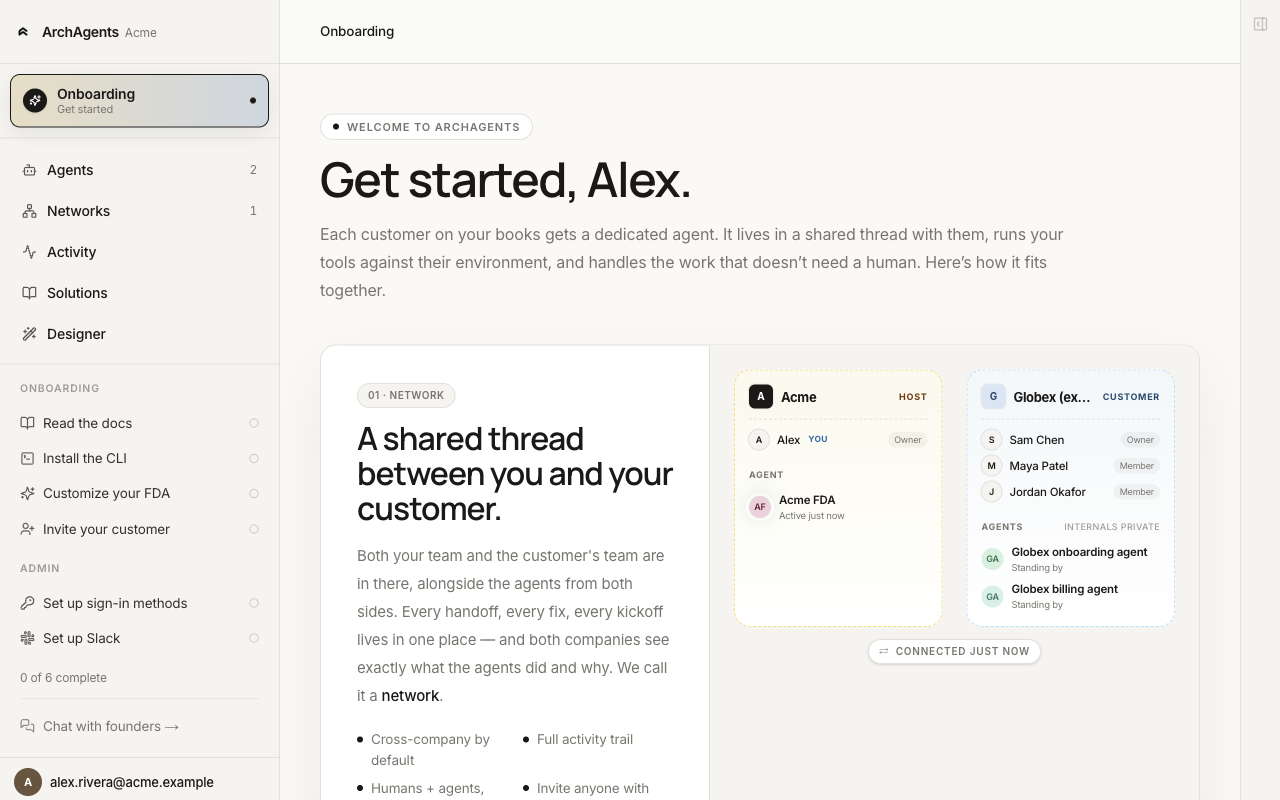 Onboarding Get started page showing the FDA model with a host org, customer example, and the agent that already lives in your network