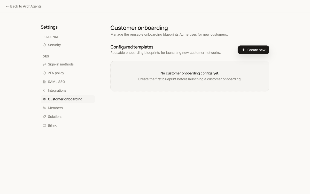 Customer onboarding settings page showing the Configured templates section and an empty state encouraging the user to create the first blueprint