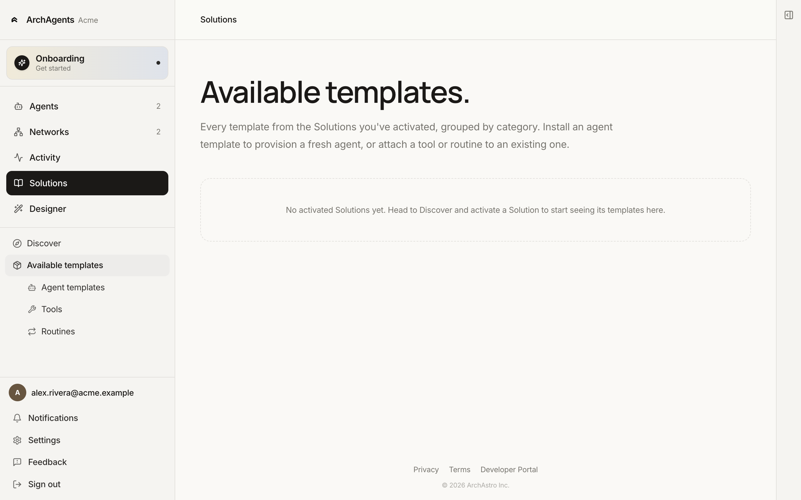 Available templates page under Solutions showing Discover and Available templates with sub-sections for Agent templates, Tools, and Routines