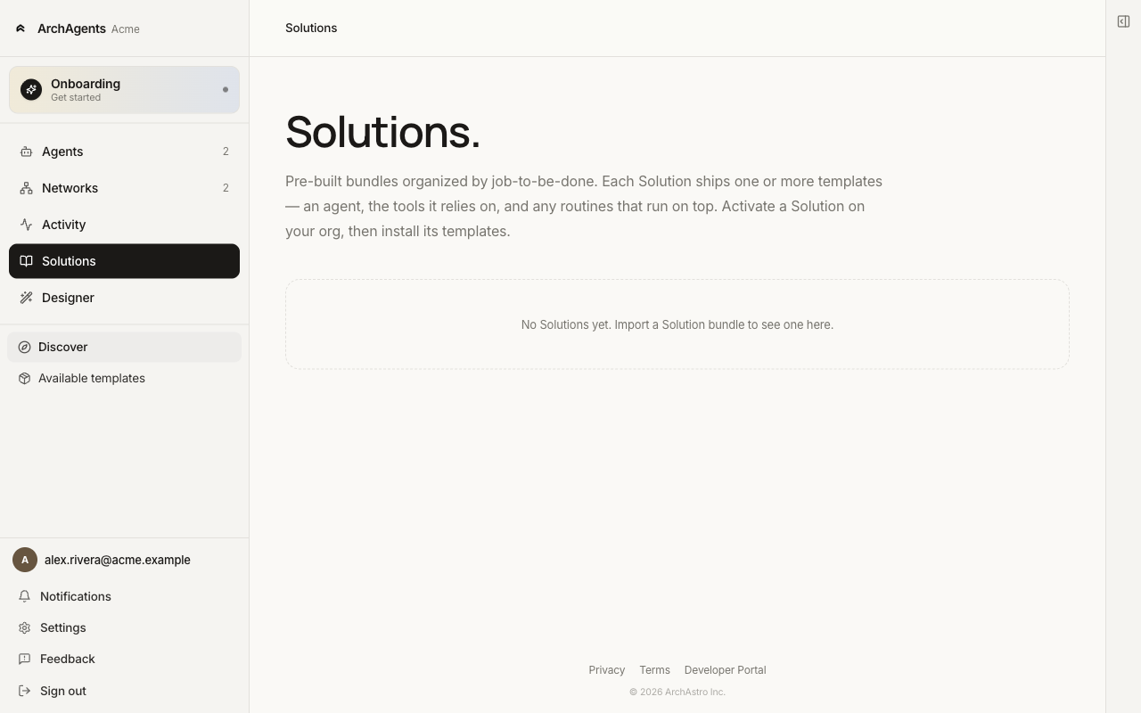 Solutions catalog showing the Discover and Available templates sections in the left rail and an empty state for activated Solutions